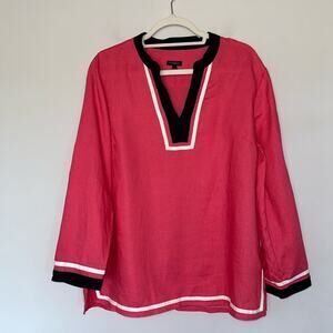 Talbots Tunic Top 100% Linen Womens Large Pink Blue Nautical Beach V-Neck Preppy